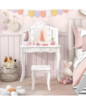 Kid Vanity Table Stool Set with Tri-Folding Mirror and 3-Color LED Lights