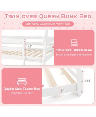 Twin Over Queen Bunk Bed Wooden Kids Bed with Climbing Nets and Ramp