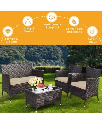 Set of 4 Outdoor Patio Rattan Conversation Furniture Set w/ Cushion Table