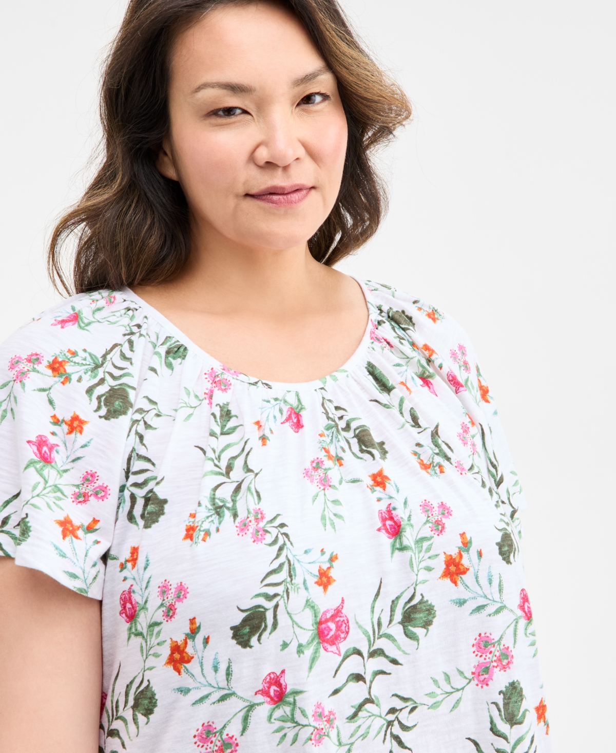 Style & Co Petite Floating Fauna Flutter-sleeve Knit Top, Exclusively At Macy's In Floating White