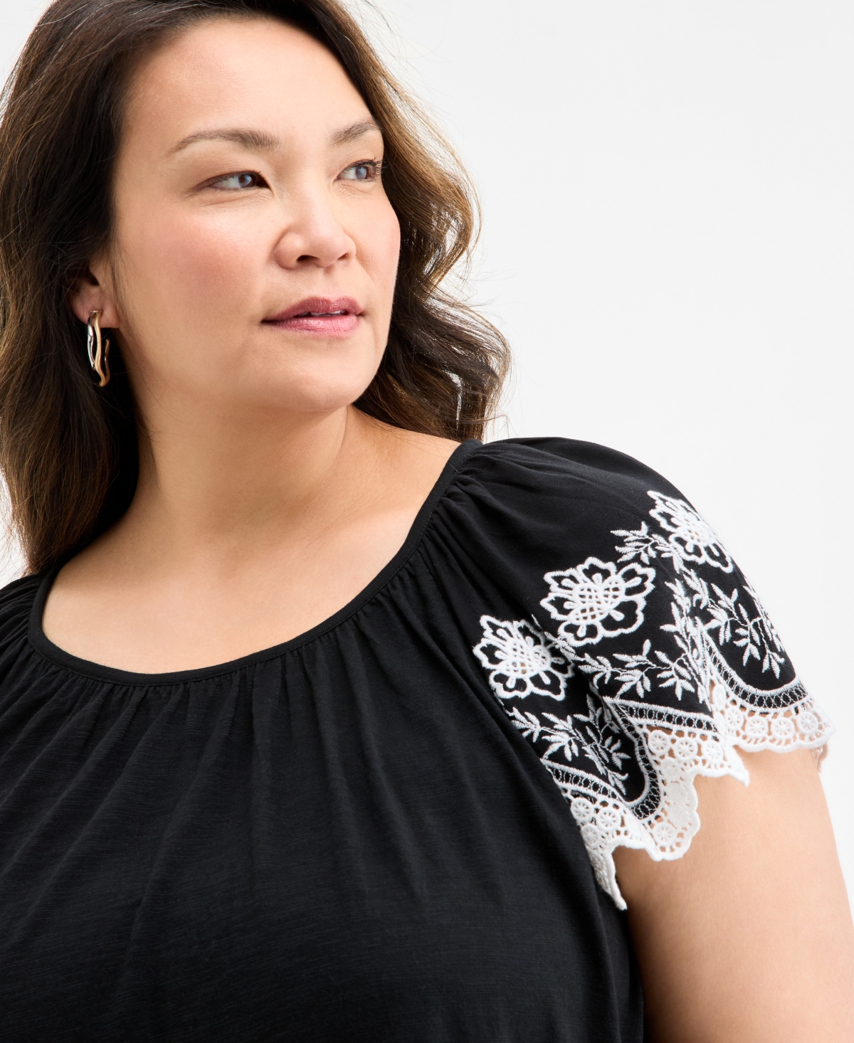 Style & Co Plus Size Scalloped-hem Flutter-sleeve Top, Exclusively At Macy's In Flutter Black
