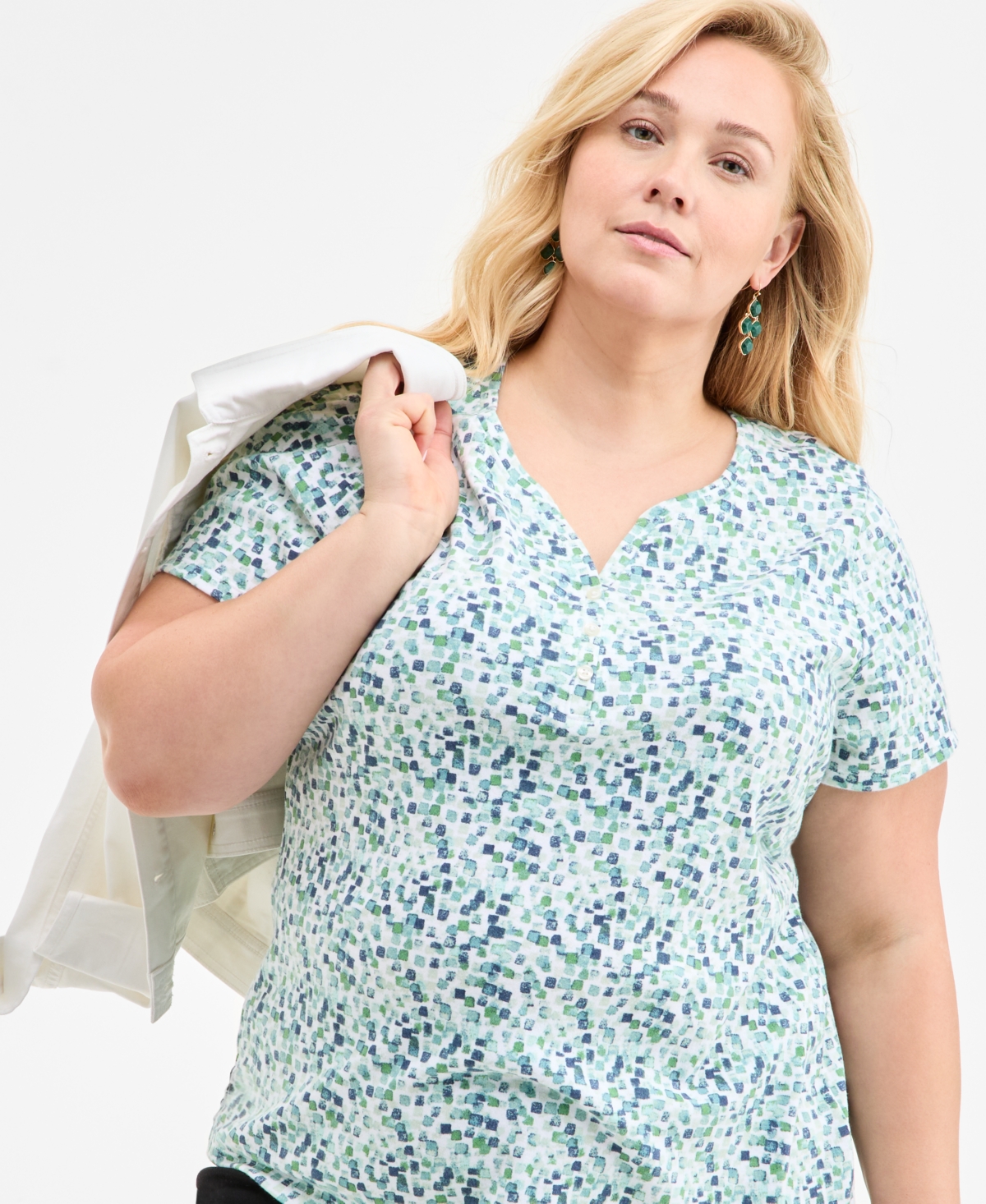 Style & Co Plus Size Printed Henley Top, Exclusively At Macy's In Multi