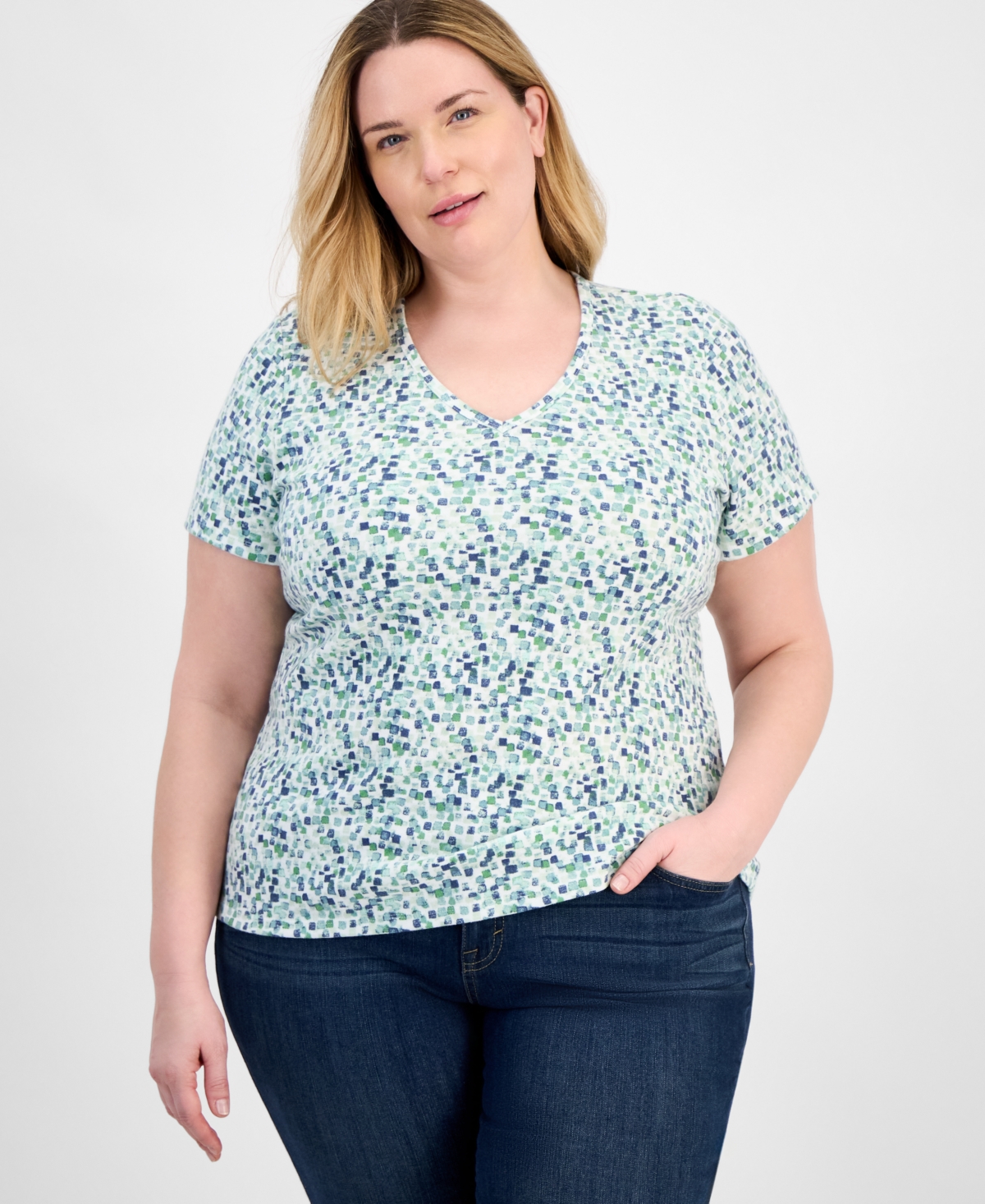 Plus Size Printed V-Neck Tee, Exclusively at Macy's - Squares Green