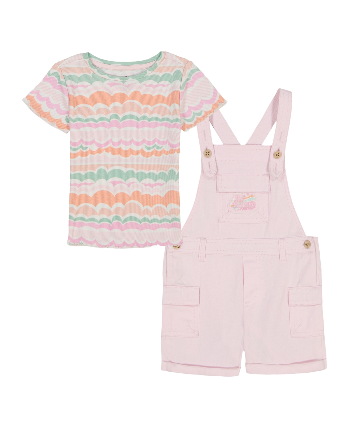 KIDS HEADQUARTERS TODDLER AND LITTLE GIRLS 2-PIECE PRINTED RIB T-SHIRT AND TWILL SHORTALL SET 
