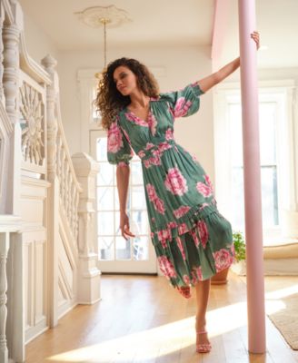 T Tahari - Women's Printed V-Neck Fit & Flare Ruffle Dress