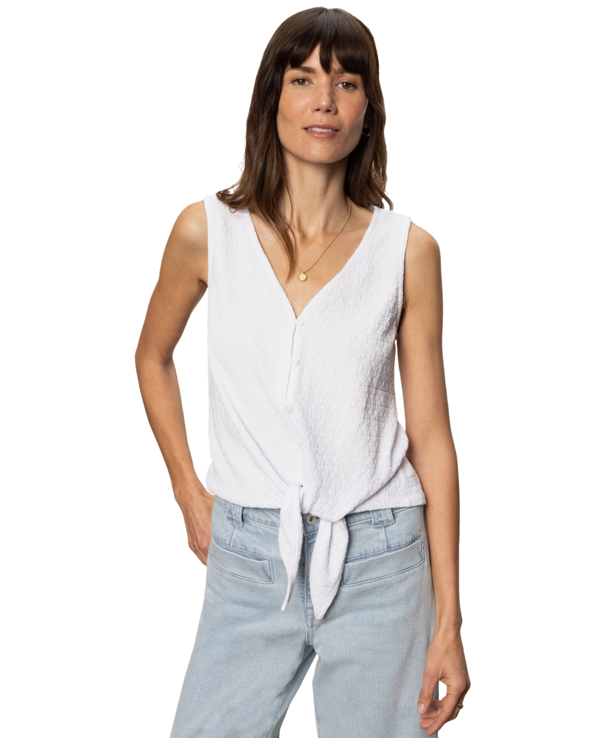 Sanctuary Vacation Textured Tie Front Button-up Tank In White