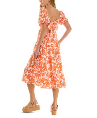 Juniors' Floral-Print Bow-Back Puff-Sleeve Woven Midi Dress