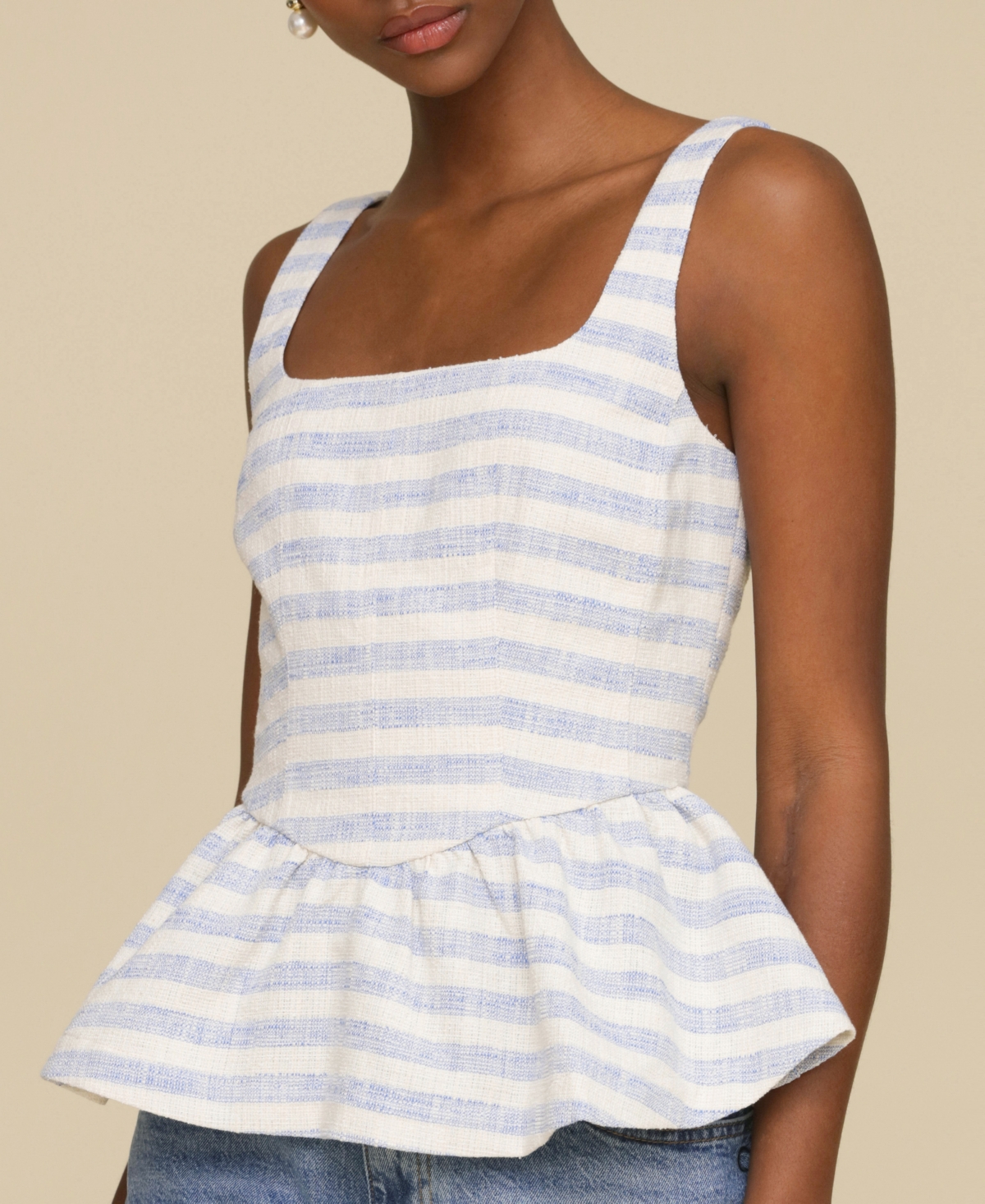 Avec Les Filles Stripe Peplum Cotton Blend Top In Blue,cream