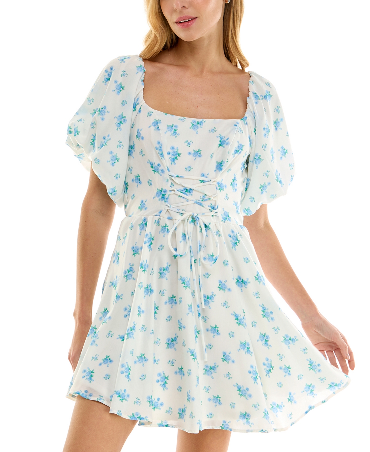 Juniors' Printed Lace-Up Bubble-Sleeve Skater Dress - Ivory/blue