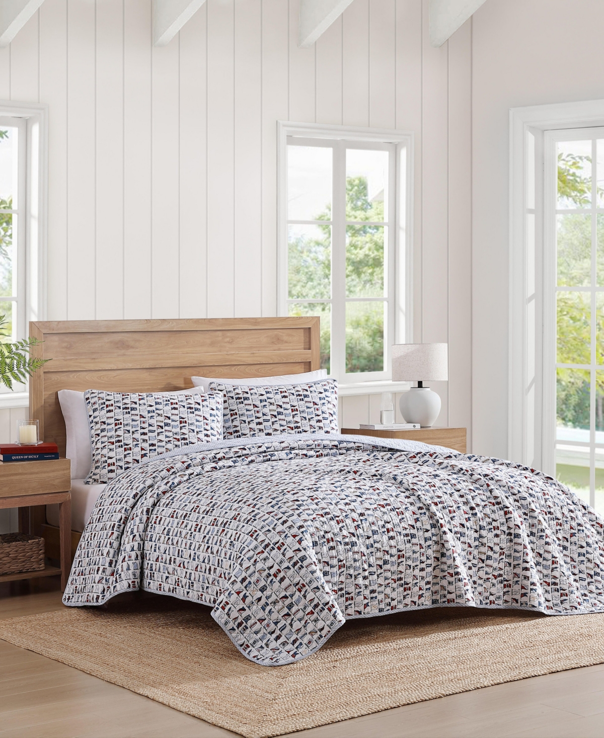Tommy Hilfiger 136 Thread Count Boating Flags Cotton Reversible Quilt Set In White,pale Blue,red