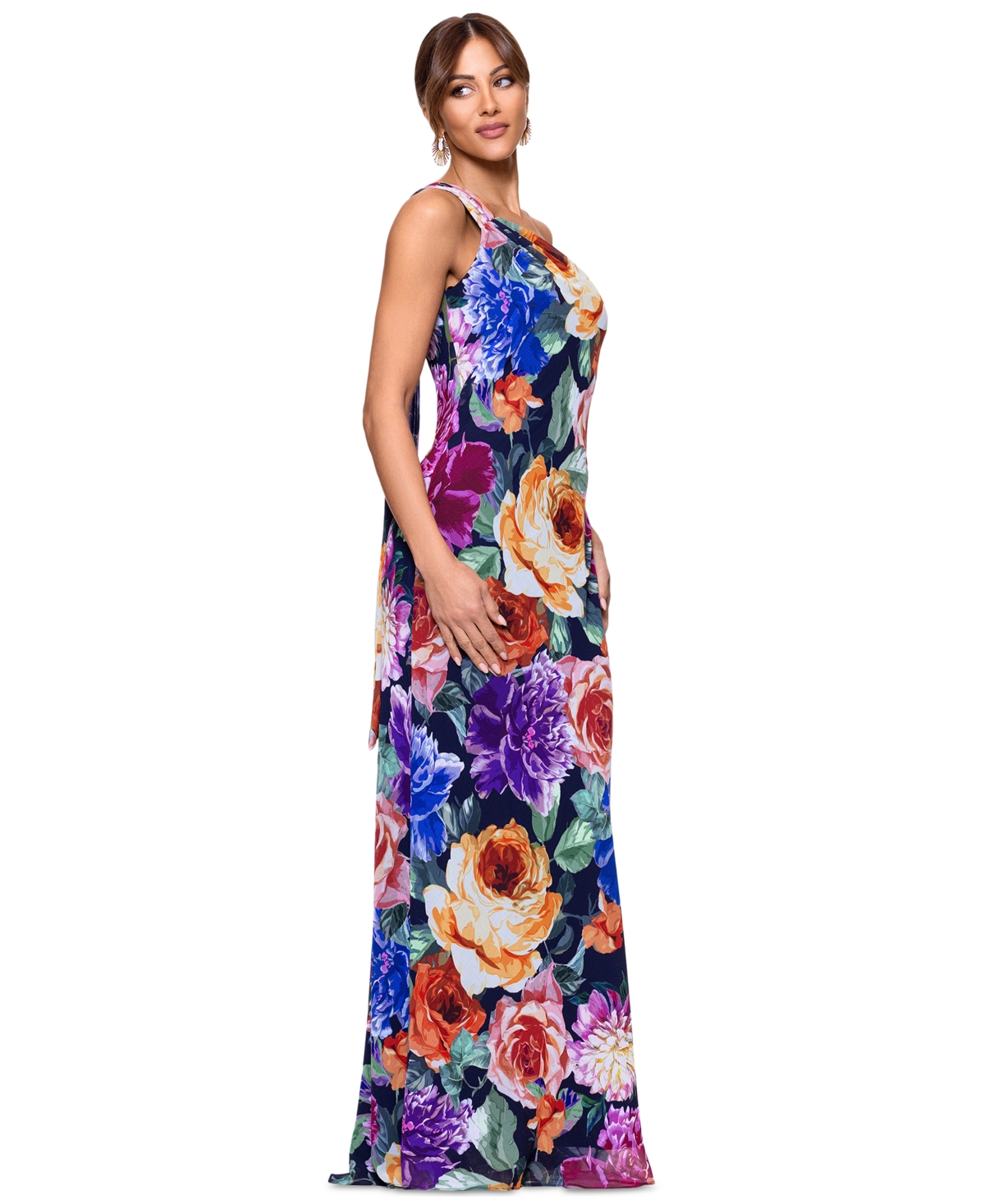 Xscape Women's One-shoulder Floral Chiffon Dress In Navy Multi