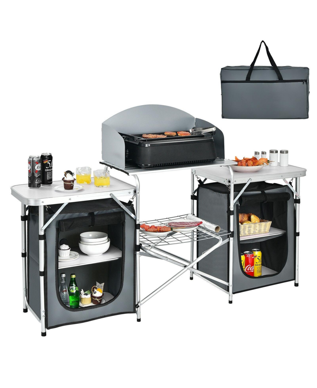 Folding Camping Table with Storage Organizer - Silver