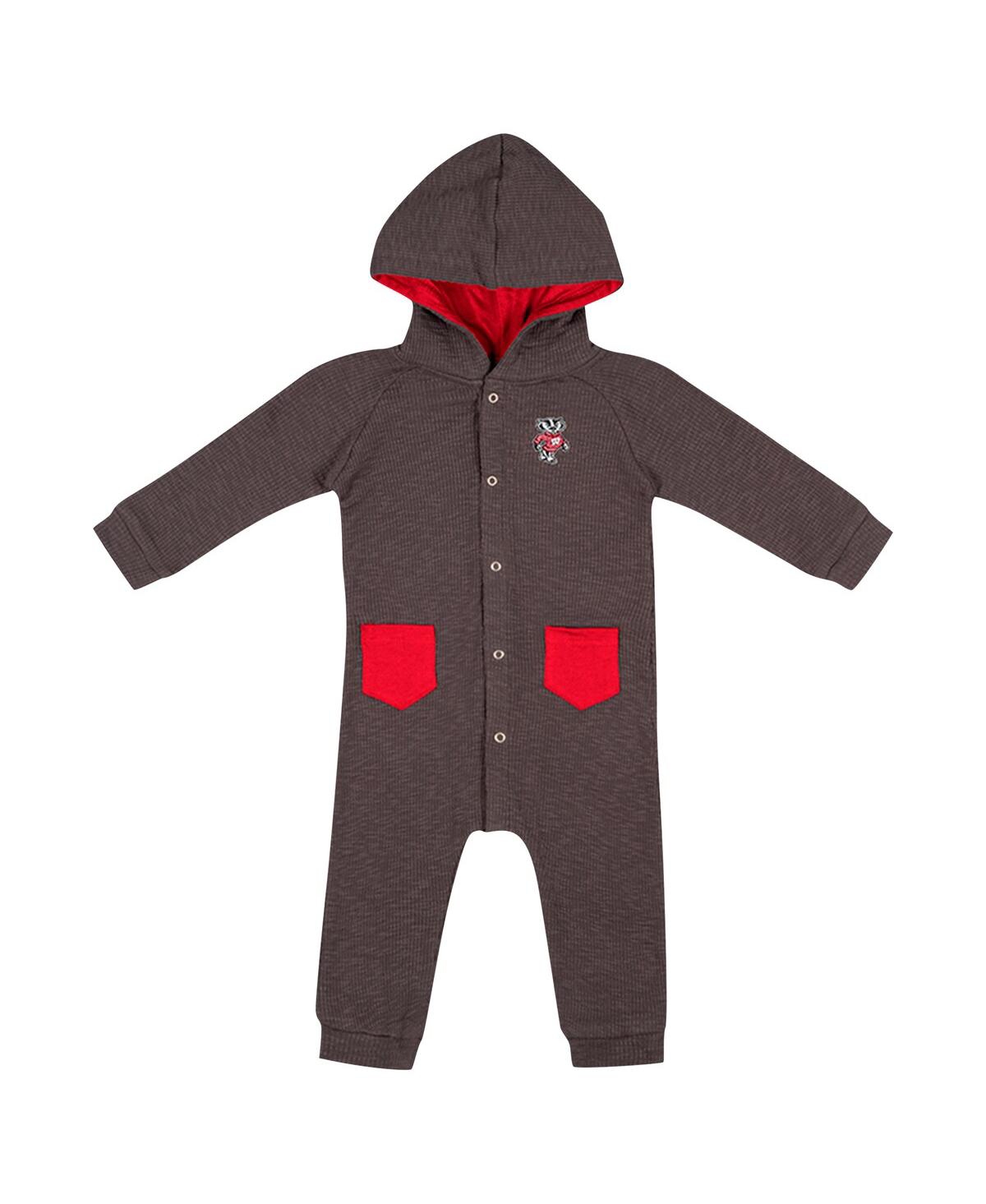 Colosseum Baby Boys And Girls Charcoal Wisconsin Badgers Zando-zan Waffle Full-snap Hooded Romper In Charcoal
