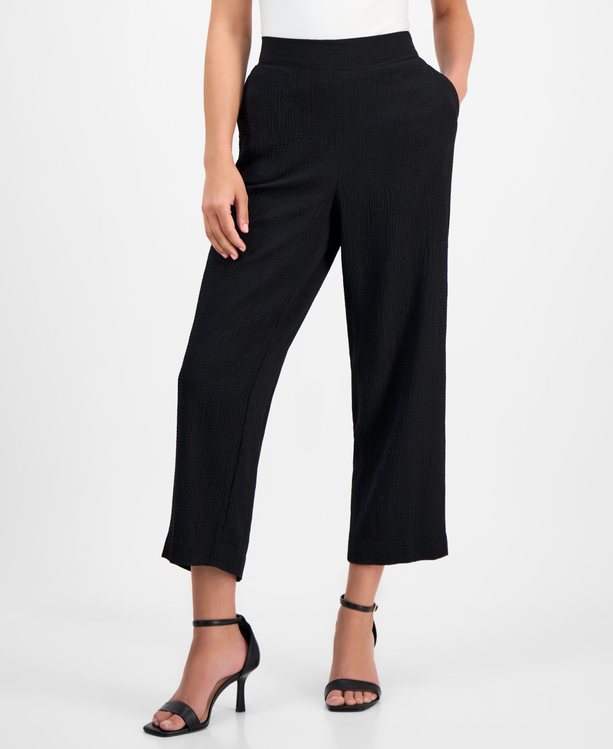Ak Anne Klein Petite Solid Wide-leg Pull-on Knit Pants In Anne Black