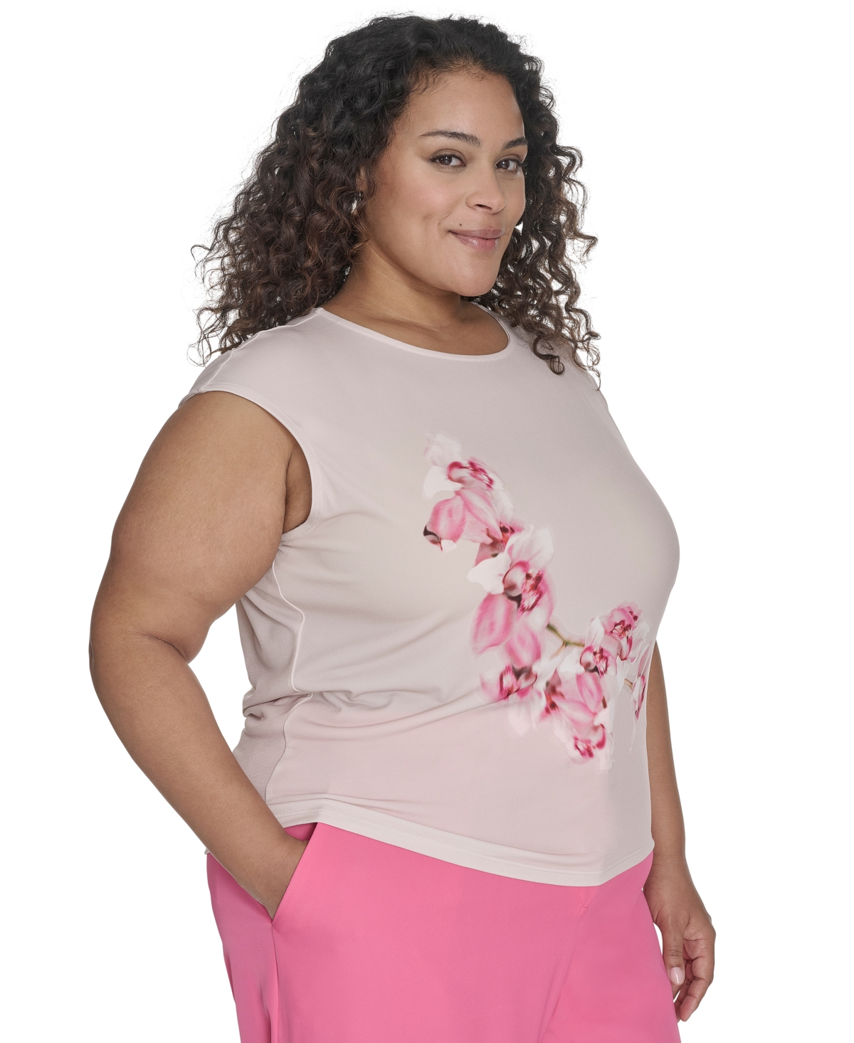 CALVIN KLEIN PLUS SIZE PLACED-FLORAL SLEEVELESS TOP 