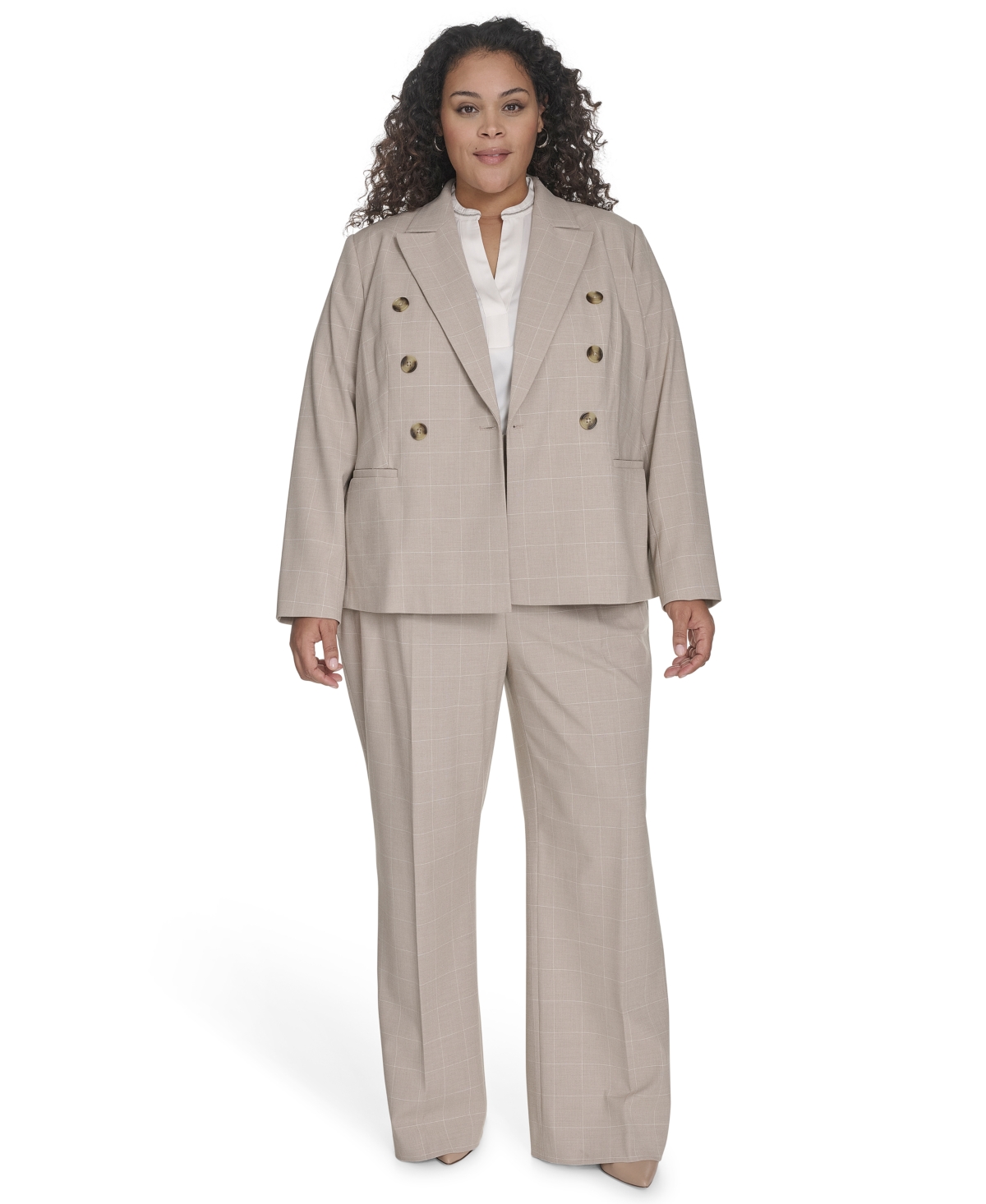 Shop Calvin Klein Plus Size Windowpane Double-breasted Jacket In Wicker Multi