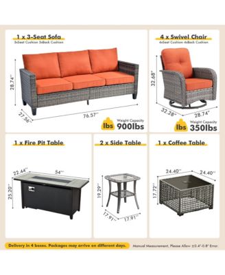 9 Piece Outdoor Patio Furniture with 3 Seat Sofa,All Weather Wicker Coversation Set with Swivel Rocking Chair,Balcony Sofa Set with Solar Nesting Tables and 54'' Fire Pit for Outside Porch Backyard Pool