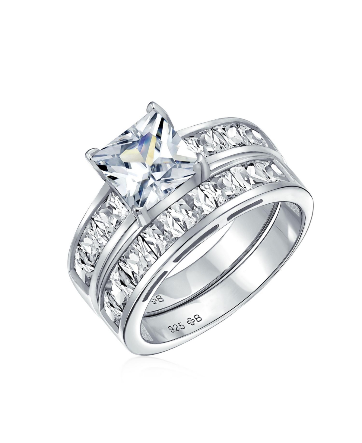 Bling Jewelry 2CT Princess Cut Solitaire Side Stone Cz Square Band Ring Set .925 Sterling Silver