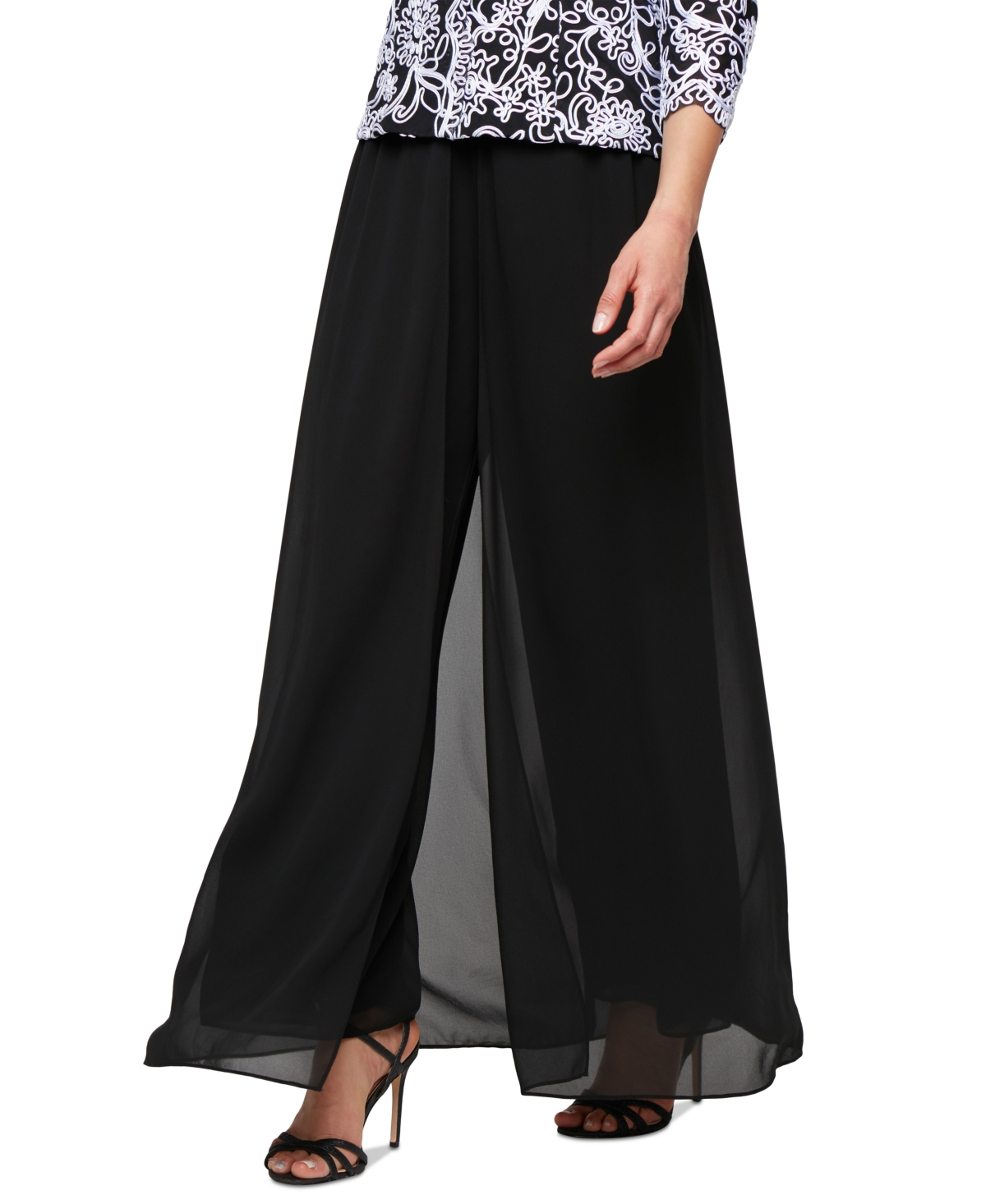 Petite Wide-Leg Chiffon-Overlay Pants - Black