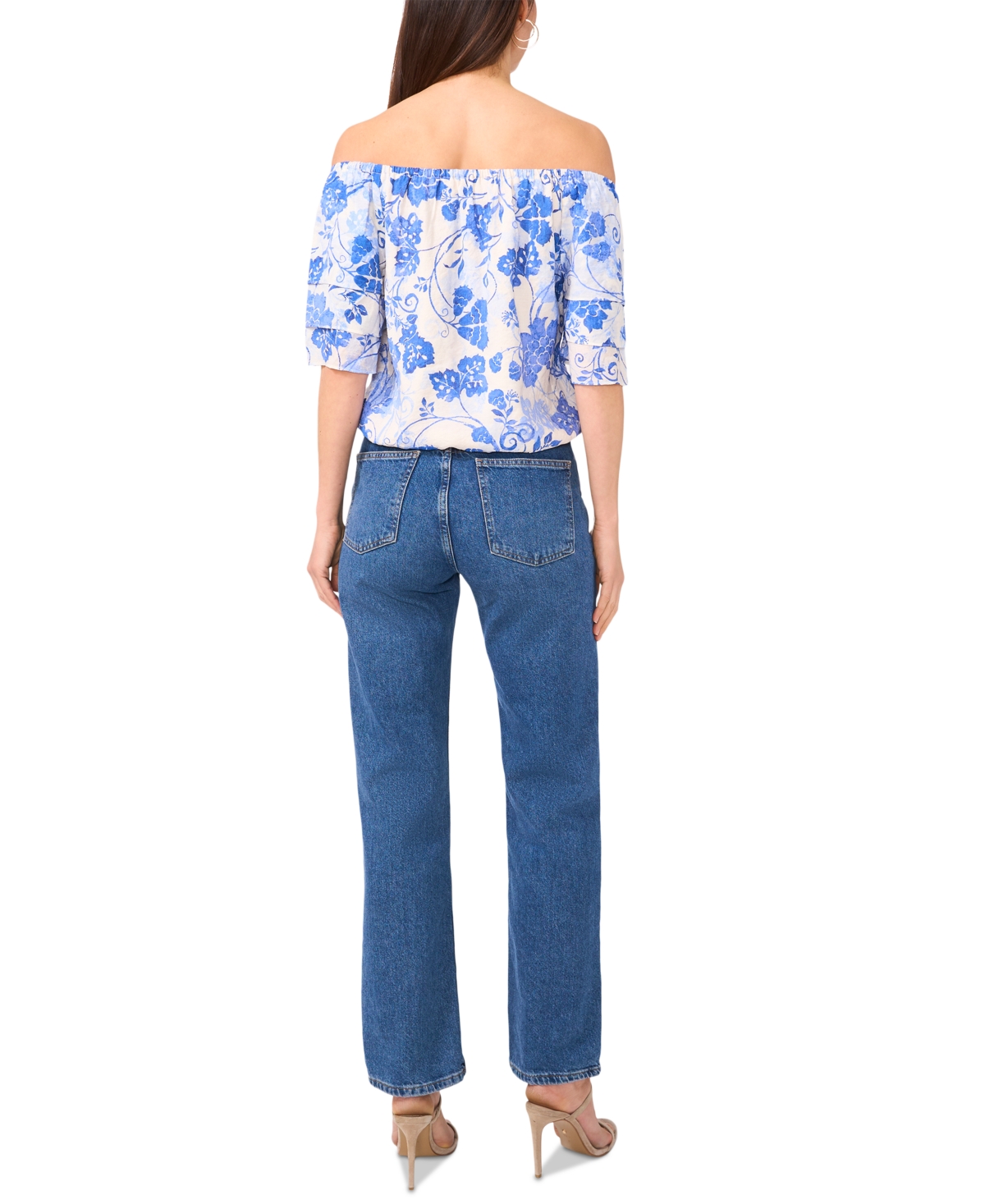 Sam & Jess Petite Vine-print Off-the-shoulder Elbow-sleeve Top In Jet Stream