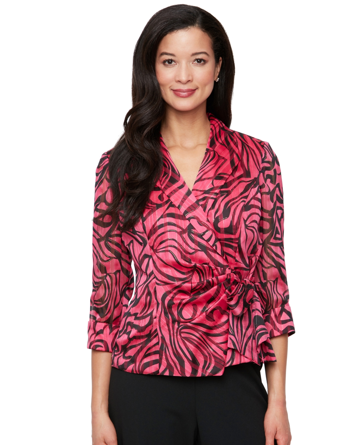 Women's Printed Side-Tie Blouse - Black Fuchsia