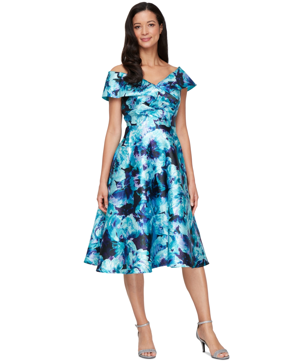 Mikado Women's Printed Mikado Off-The-Shoulder A-Line Dress - Aqua Multi