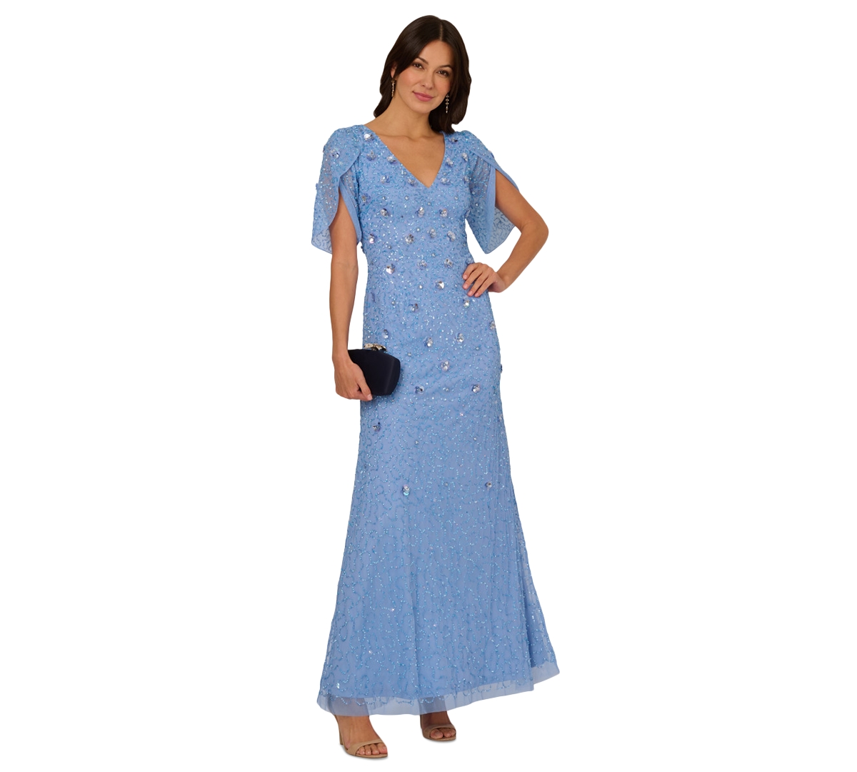 Women's V-Neck Petal-Sleeve Beaded Gown - Bluebell