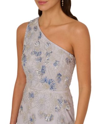 Adrianna Papell Women's Asymmetric-Neck Beaded Mesh Gown