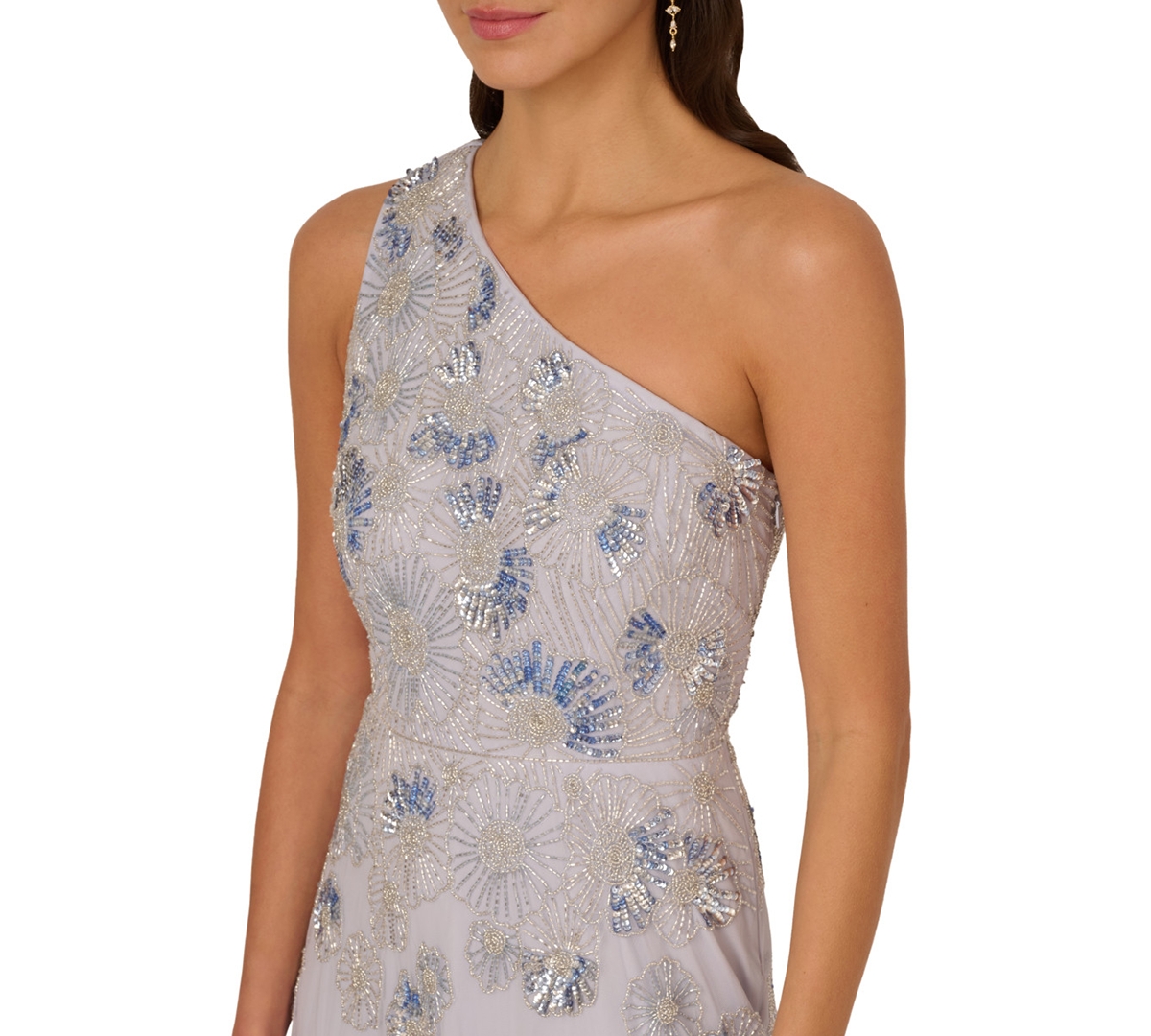 Adrianna Papell Beaded One-shoulder Trumpet Gown In Serenity