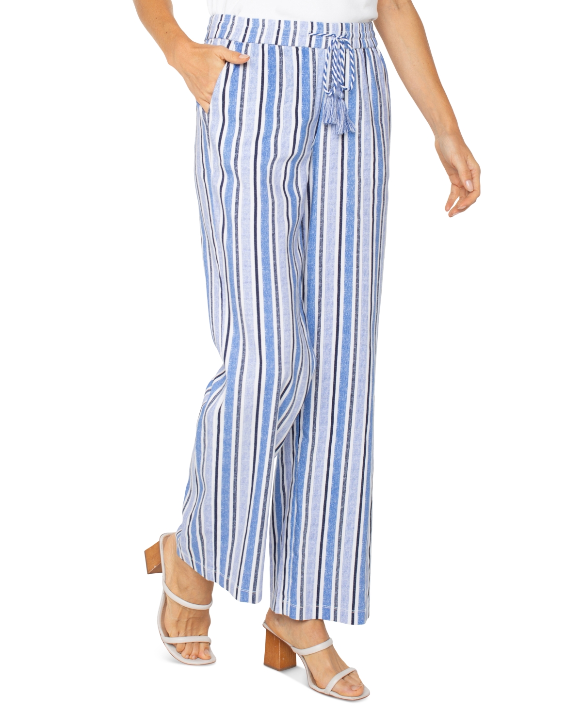 Liverpool Los Angeles Stripe Linen Blend Drawstring Wide Leg Pants In White Black Mlt Stripe