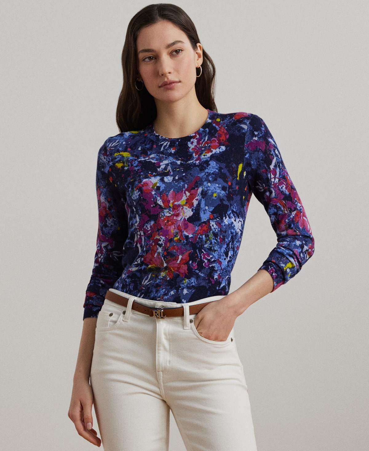 Women's Print Cotton-Blend Sweater - Blue Multi