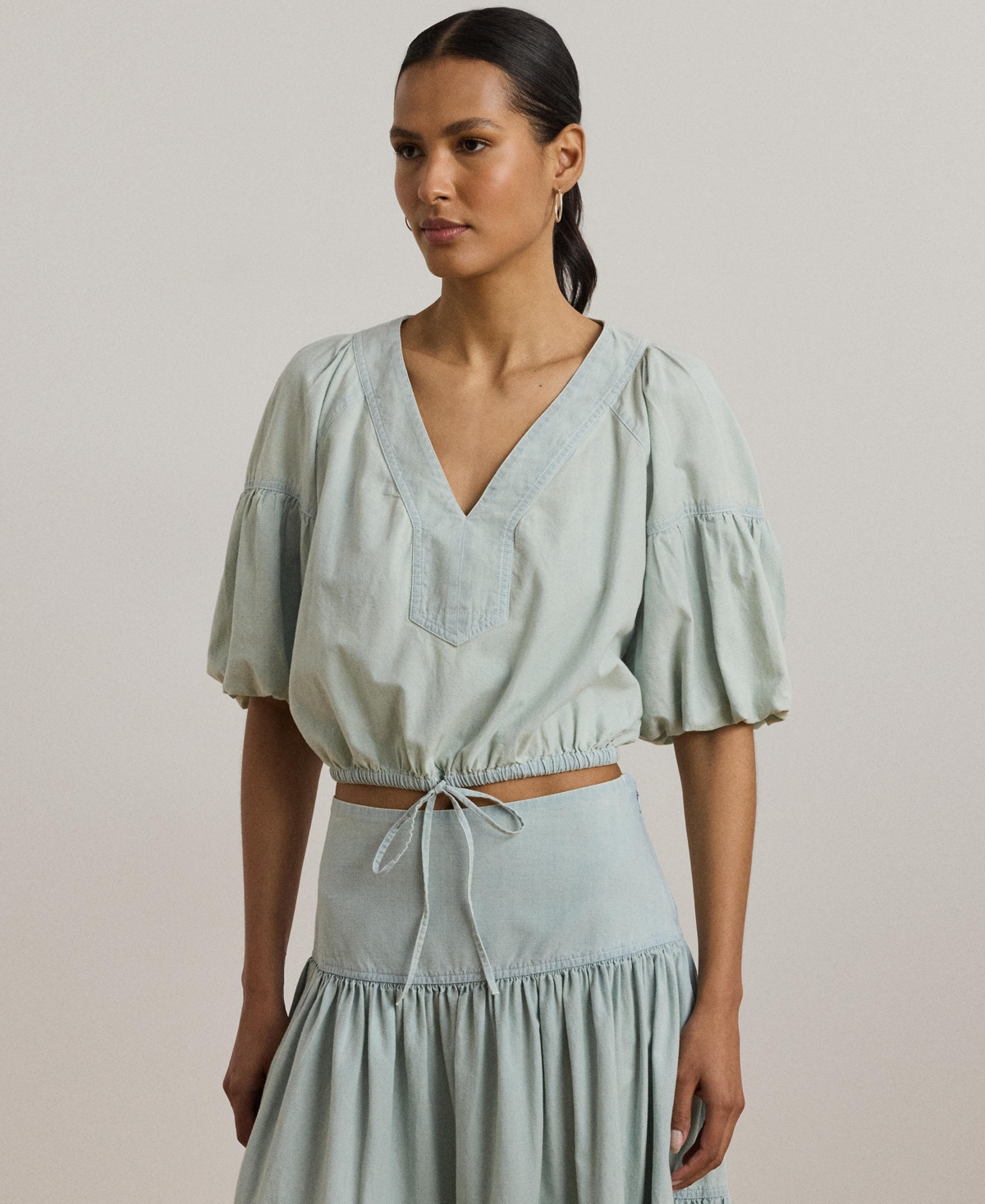 Shop Ralph Lauren Women's Chambray Cropped Bubble-sleeve Blouse