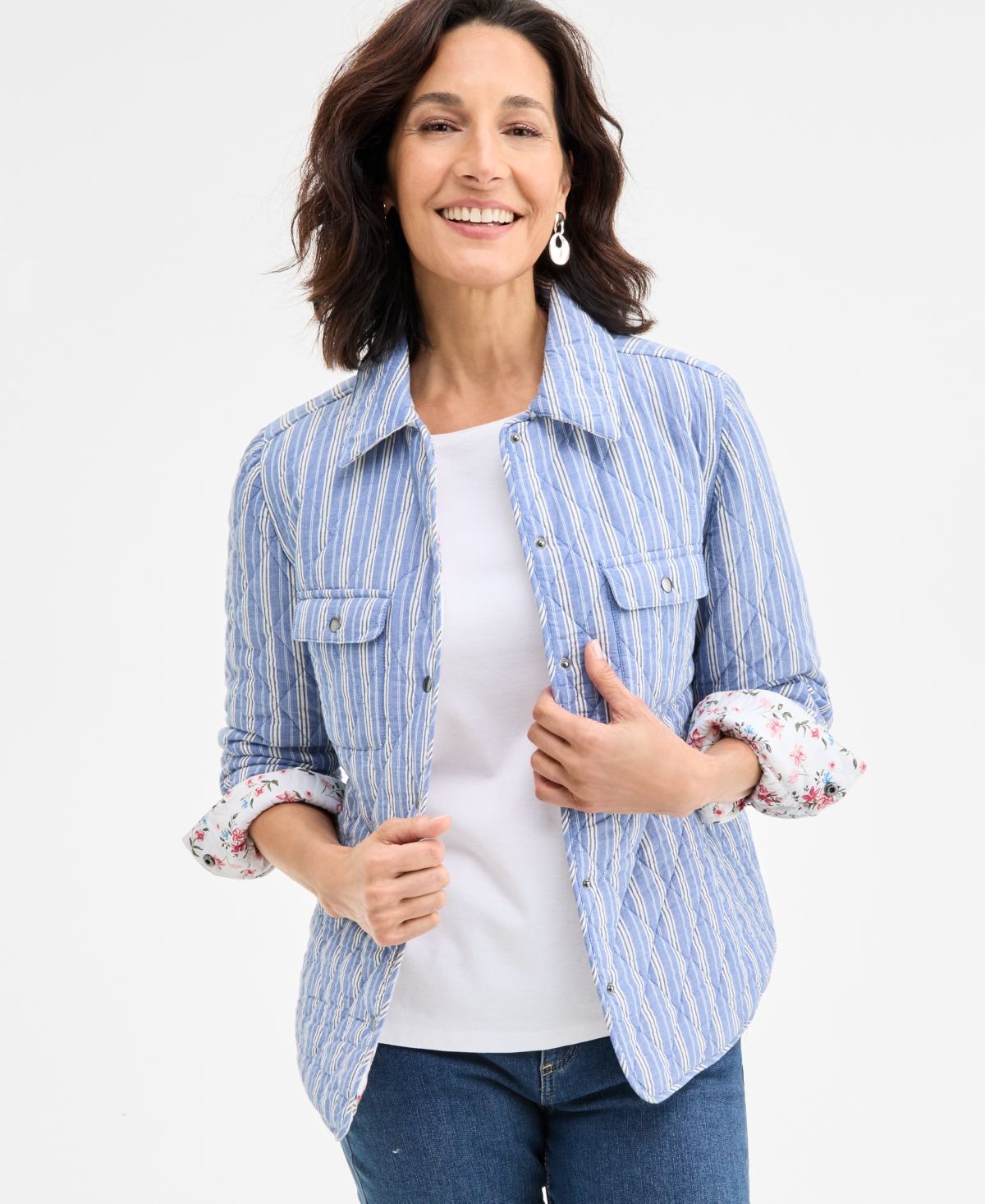 Style & Co Women's Reversible Quilted Shacket, Exclusively At Macy's In Stripe Blue