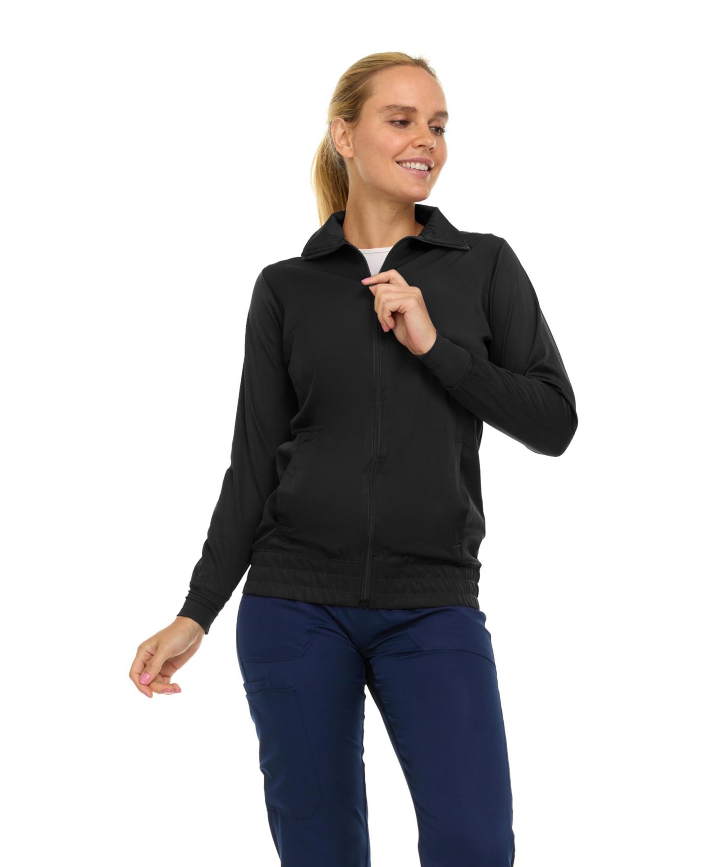 Женские куртки Medichic Scrub Jackets for Woman, Zip Front Nurse Jacket, 4-Way Stretch Fabric Warm Up Coat Pewter, цвет: Чёрный — фото 2