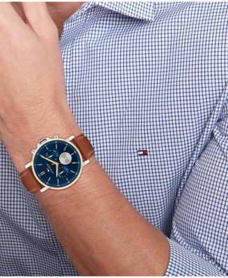 Men's Multifunction Brown Leather Strap Watch, 44mm