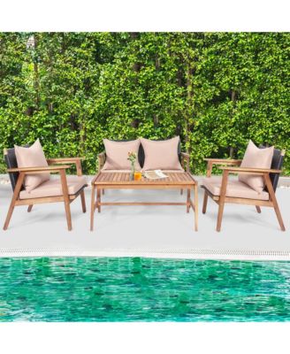 4 Piece Patio Conversation Set Outdoor Furniture Set  w/ Cushions & Wood Frame