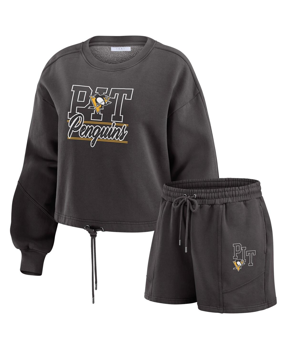 Women's Black Pittsburgh Penguins Washed Fleece Sweatshirt & Shorts Lounge Set - Black