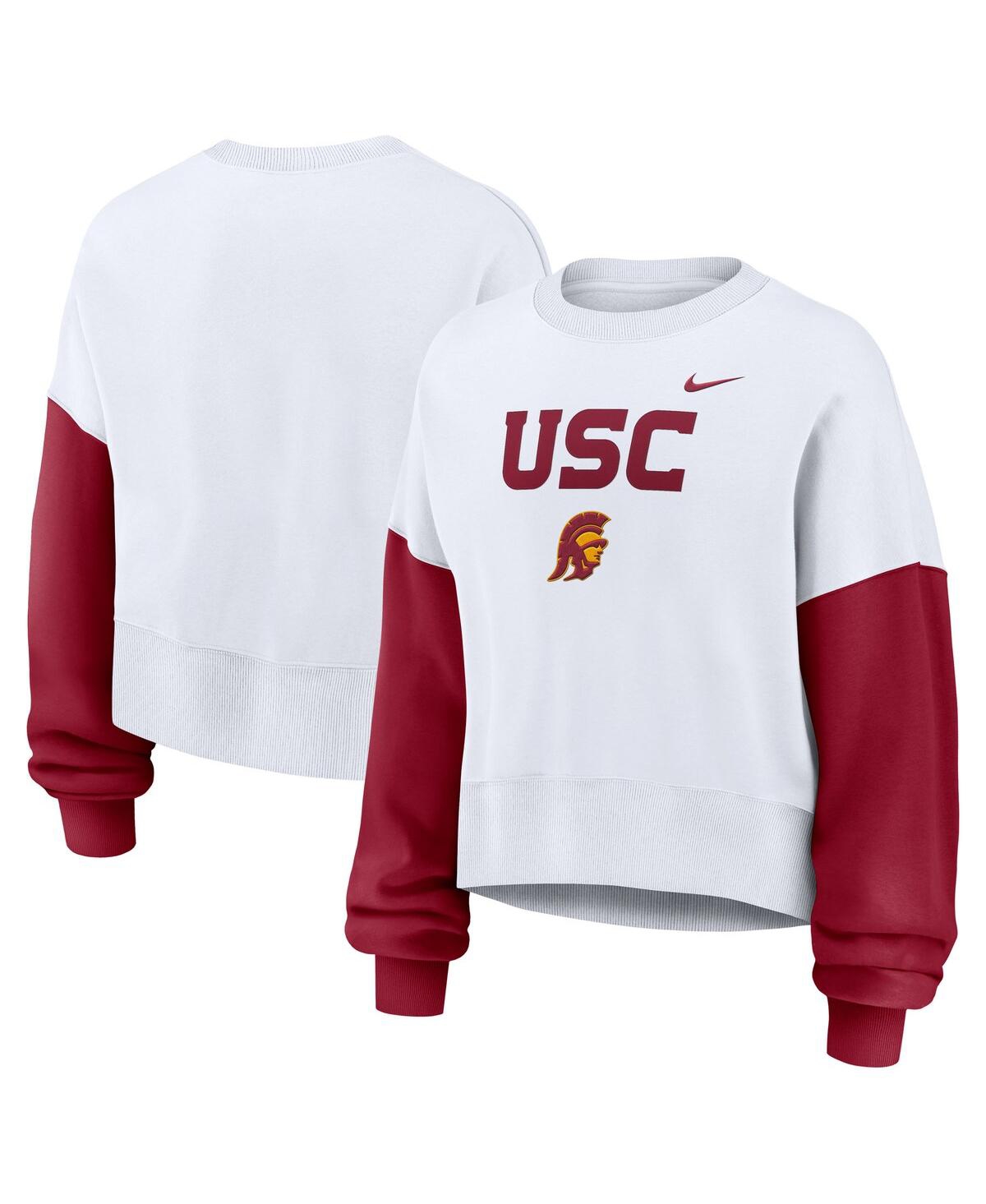 Nike Women's White Usc Trojans Color-block Oversized Cropped Pullover Sweatshirt In White