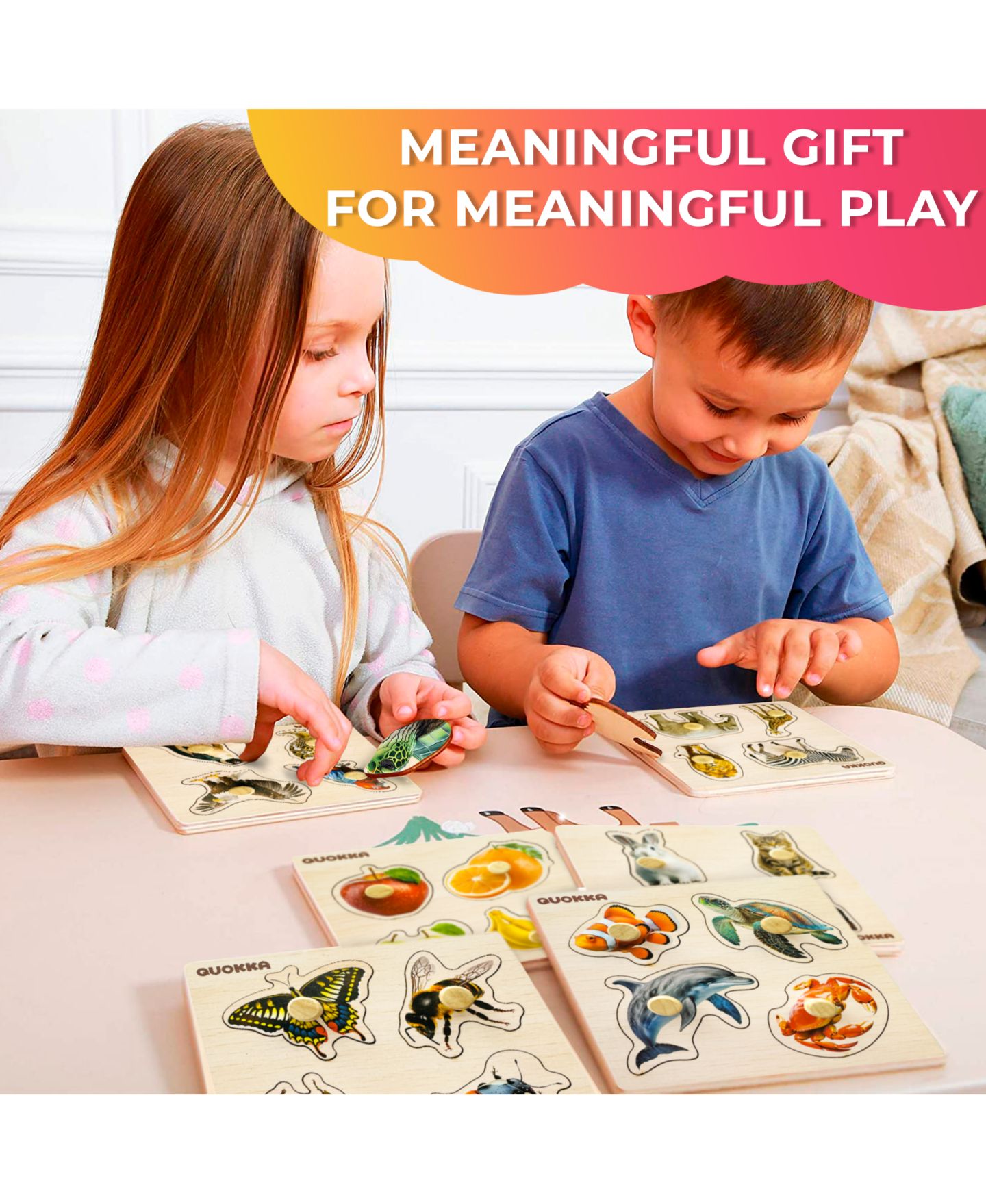 Детский пазл Quokka Wooden Puzzles for Toddlers 1-3 – Pegged Puzzles for Kids, цвет: Fruits And Animals — фото 3
