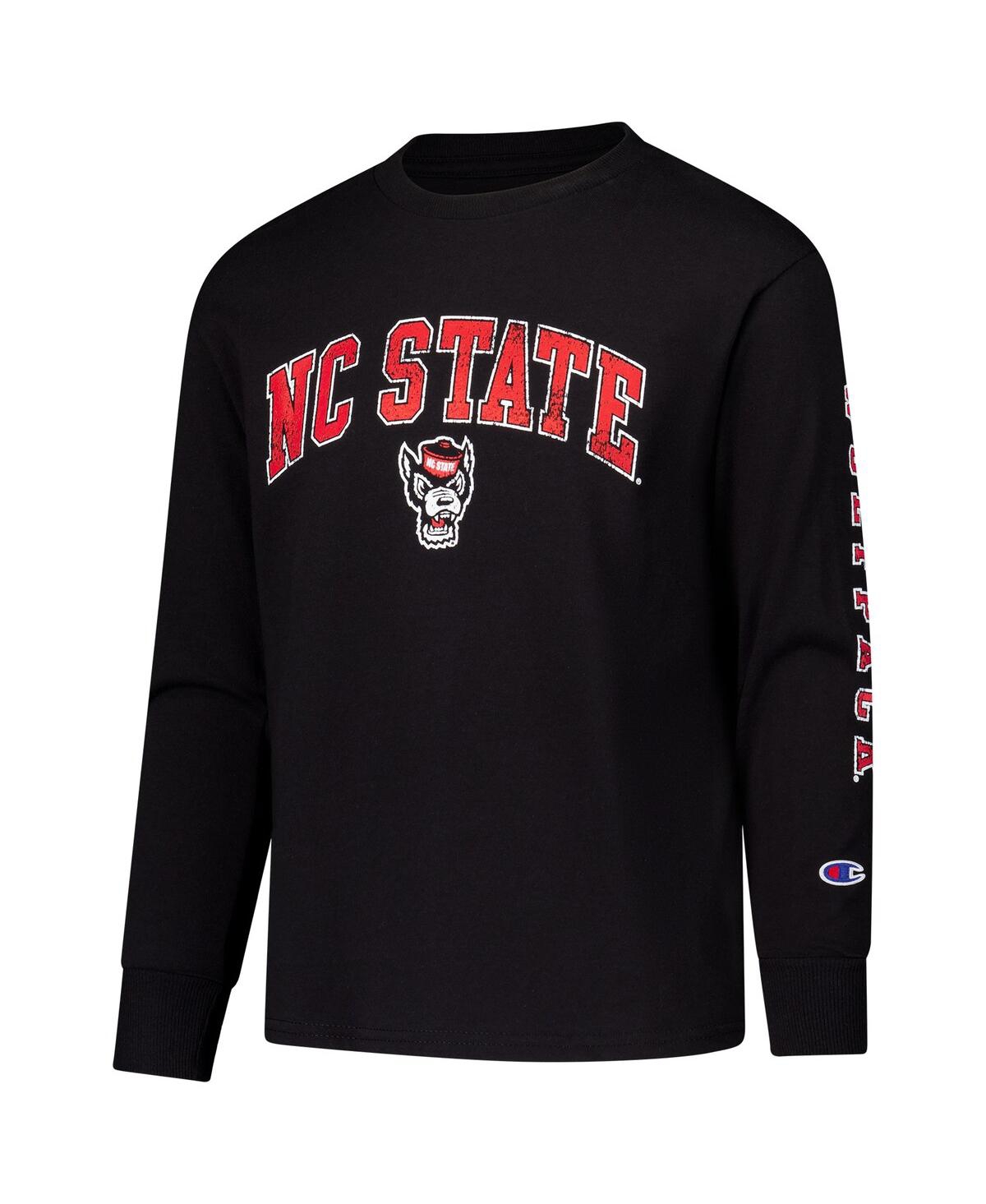 CHAMPION BIG BOYS AND GIRLS BLACK NC STATE WOLFPACK DISTRESSED ARCH OVER LOGO LONG SLEEVE T-SHIRT 