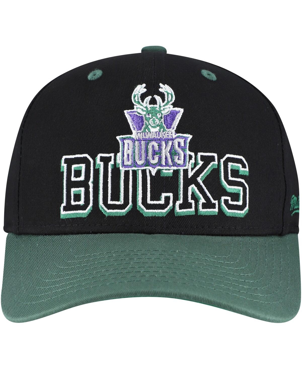 Mitchell & Ness Men's Black/hunter Green Milwaukee Bucks Backside Script Two-tone Pro Crown Adjustable Hat In Black,hunter Green