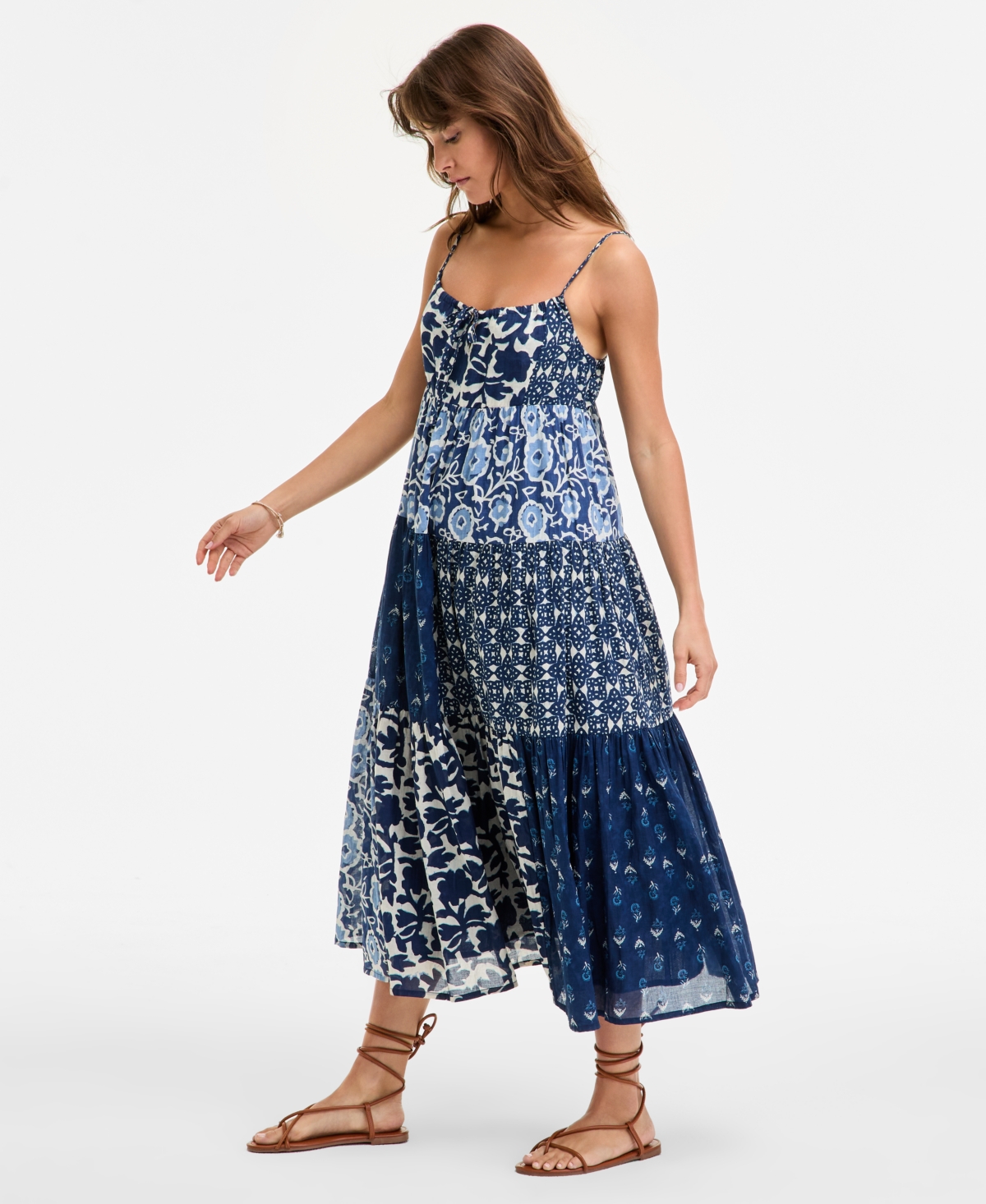 LUCKY BRAND WOMEN'S PATCHWORK PRINTED SLEEVELESS TIERED MIDI DRESS 
