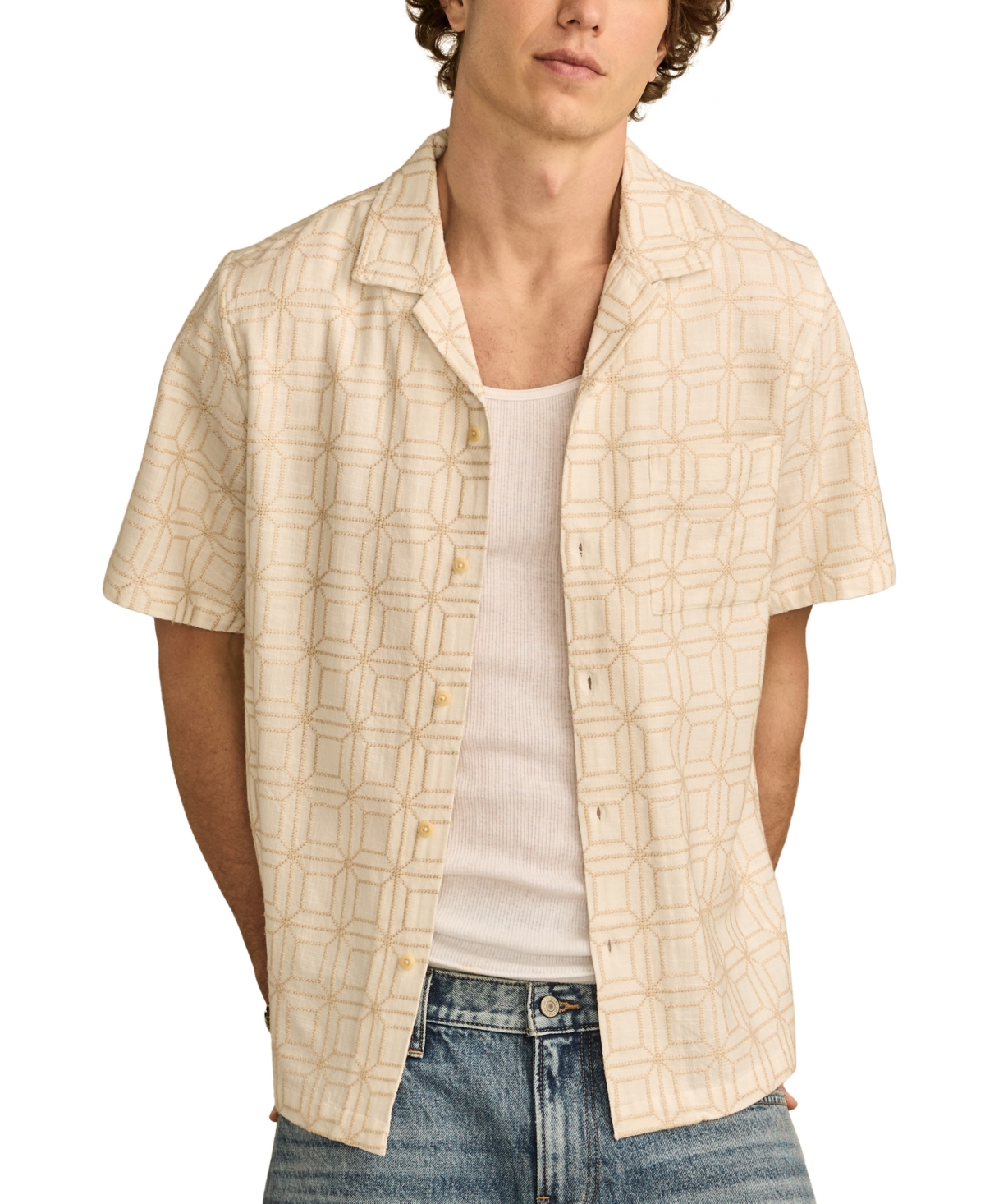 Men's Camp-Collar Geometric Shirt - Cream Multi