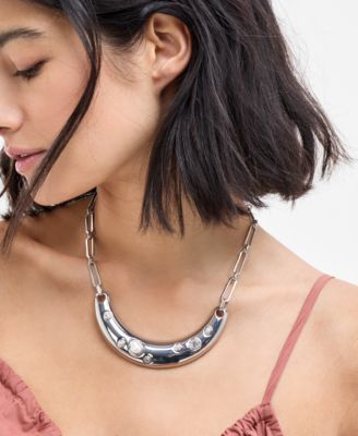 Rhodium-Plated Crystal & Imitation Pearl Curved Bar Statement Necklace, 16-1/2" + 3" extender, Exclusively at Macy's