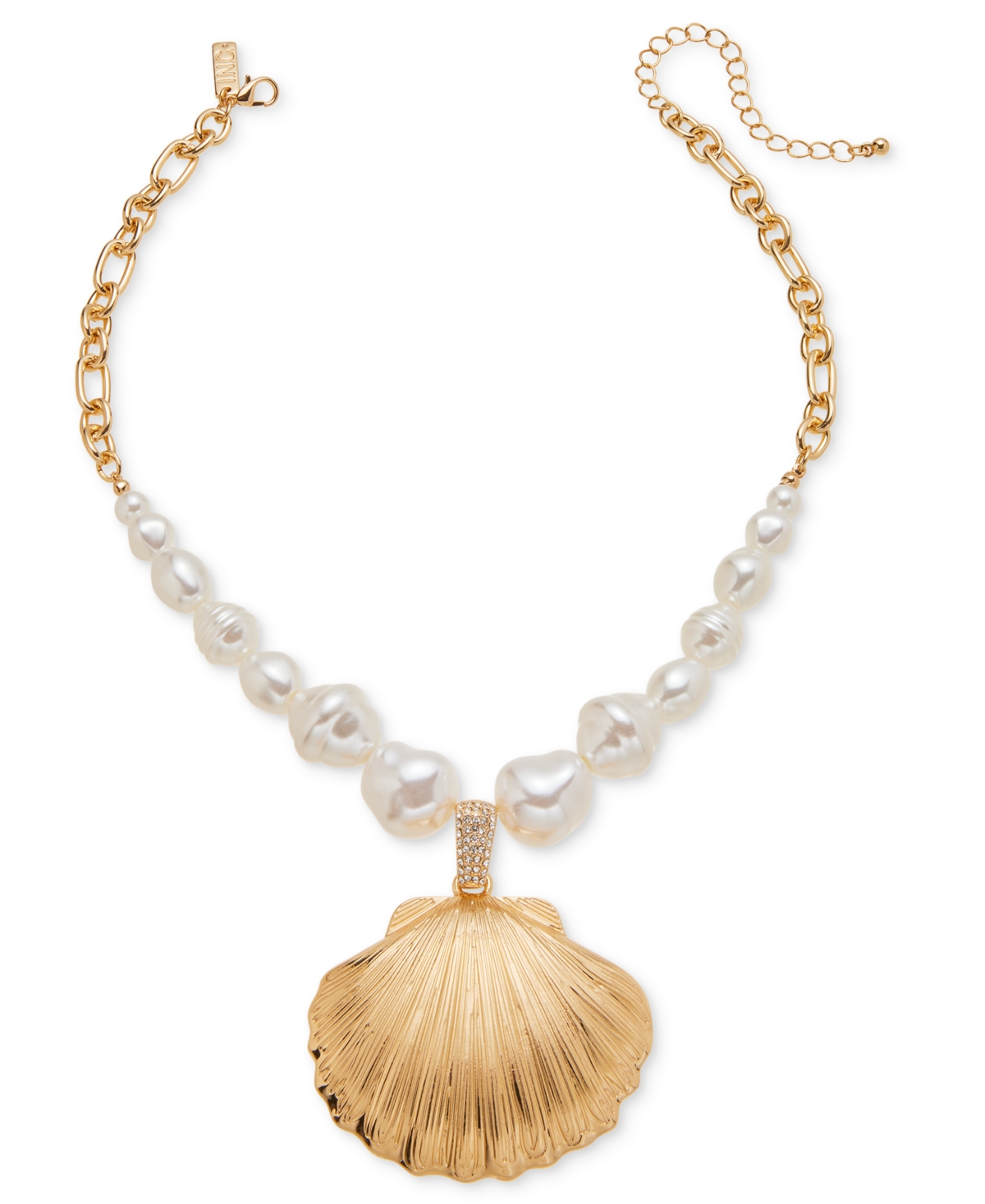 Gold-Tone Shell Imitation Pearl Beaded Statement Pendant Necklace, 16" + 3" extender, Exclusively at Macy's - Yellow