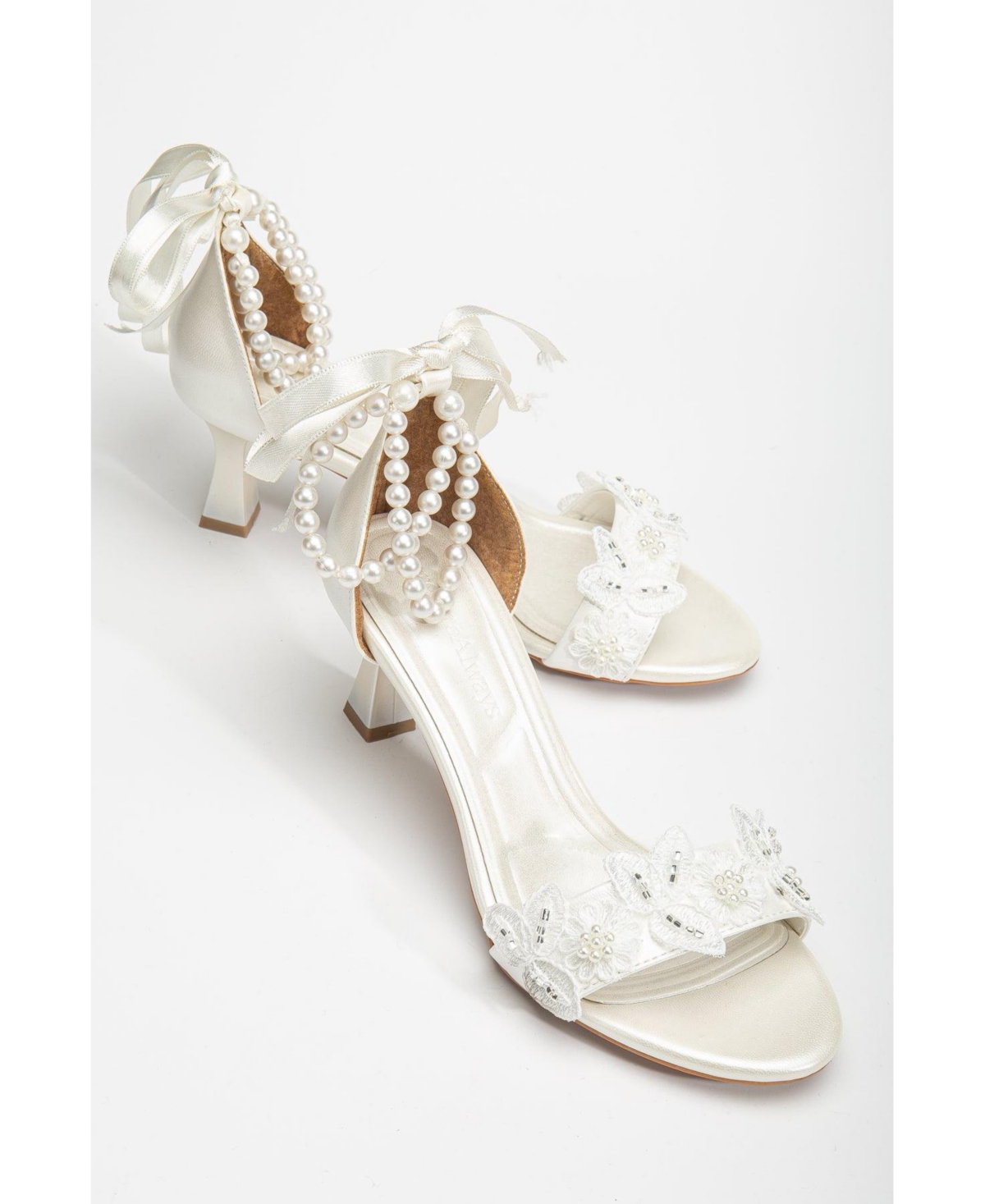 Dawn Lace Sandals with Pearls - Ivory faux leather