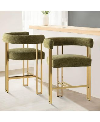 Set of 2 Counter Height Stools, 25" Upholstered Chairs with Gold Metal Legs, Curved Back and Armrests-Maison Boucle