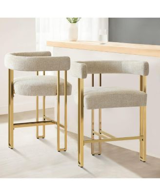 Set of 2 Counter Height Stools, 25" Upholstered Chairs with Gold Metal Legs, Curved Back & Armrests-Maison Boucle