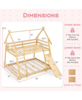 Twin Over Queen Bunk Bed Wooden Kids Bed with Climbing Nets and Ramp
