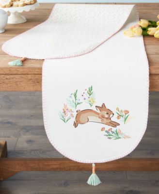 Spring Bunny Embellished Cotton Reversible Table Runner, 14"x72" 